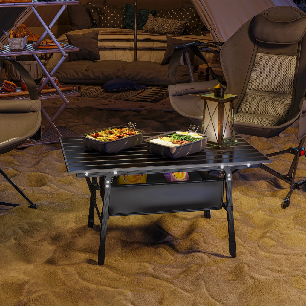 Tavolo Pieghevole da Campeggio con Cesto ¨C MINIMAL ¨C Alluminio Nero, Altezza Regolabile
