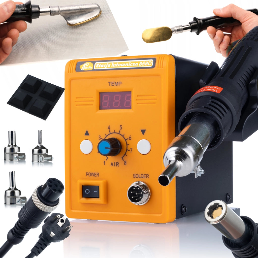 Stazione Saldante Hot-Air 858D Set – 700W, 3 Ugelli, Regolazione Temperatura 100-500°C, Sicurezza ESD
