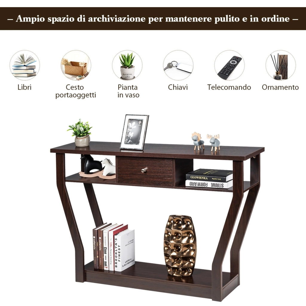 Tavolo moderno con 3 ripiani per ingresso salone ufficio, Tavolo con cassetto e ripiano da camera studio, Marrone