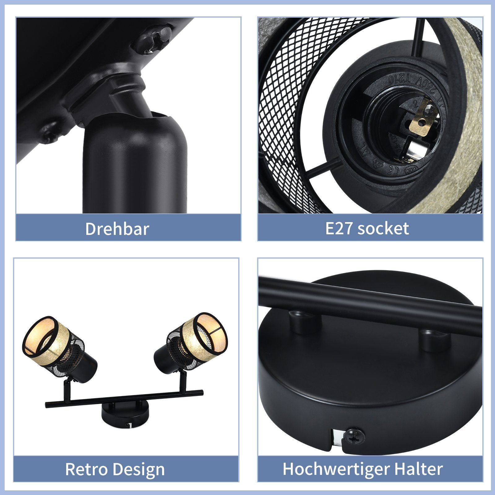 ZMH Faretto da soffitto neri 2 luci E27 metallo retrò 330° paralume tessuto dorato max 25W per corridoio