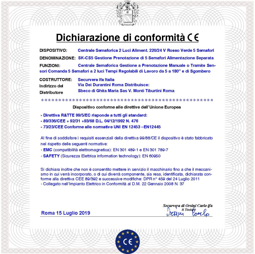 Quadro di Comando Semaforico 5 Semafori a 2 luci Rossa e Verde 220/24 V Funzioni Prenotazione Arrivo Tempi Regolabili Lavoro da 5 a 180” Sgombero da 5 a 40”