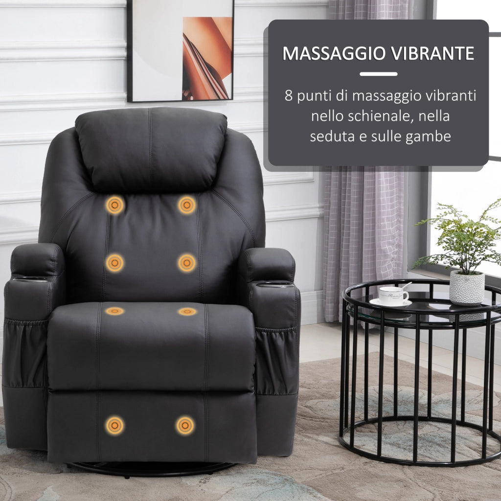 EasyComfort Poltrona Relax Massaggiante con 8 Punti, 5 Modalità e 2 Intensità, Reclinabile con Poggiapiedi e Girevole, 84x92x109cm, Nero