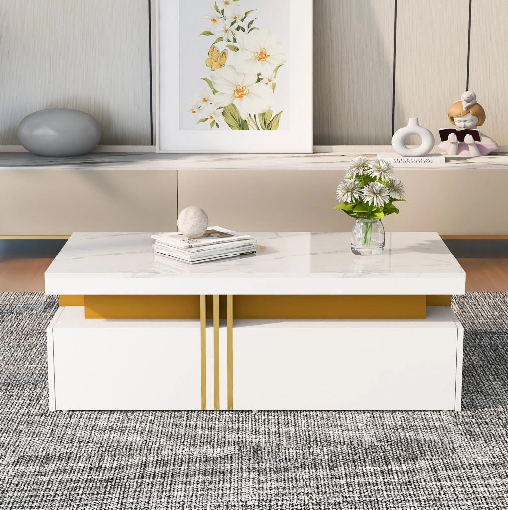 Tavolino da caffè bianco 100x50x40 cm con 2 cassetti e piano marmorizzato