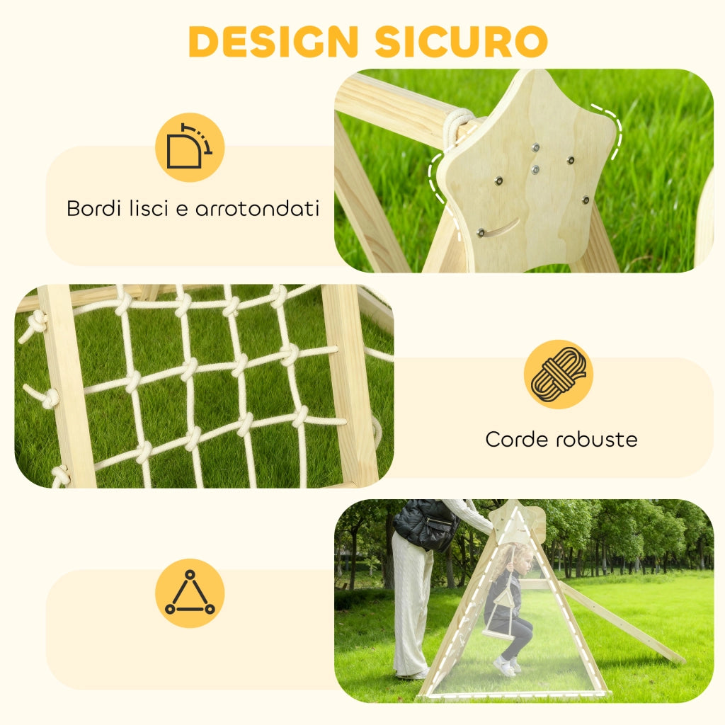 Gioco Arrampicata 5 in 1 Pieghevole 140x172,5x116,5 cm con Scivolo 2 Pareti Altalena e Canestro in Legno