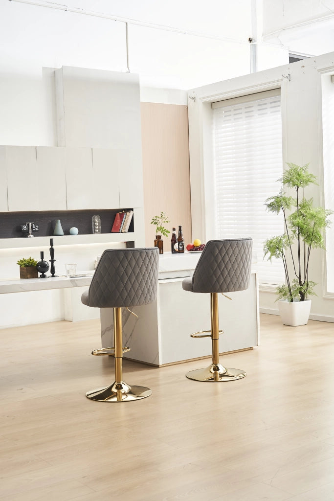 Sgabello da Bar Girevole ¨C MINIMAL ¨C Velluto Grigio, Schienale, Poggiapiedi, Altezza Regolabile, Set 2 Pezzi