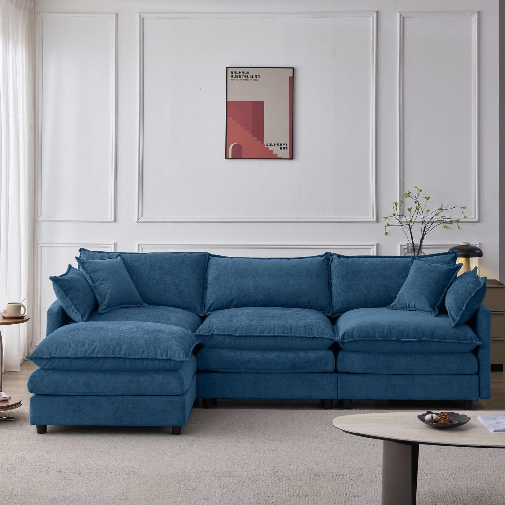 Divano modulare angolare a L con pouf mobile in chenille blu a 3 posti per soggiorno e lounge