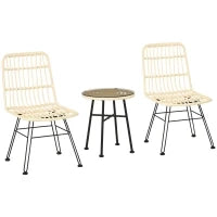 Set Mobili da Giardino 3 Pezzi con Tavolino e Sedie in Rattan PE, Poilestere e Acciaio per Esterni, Crema