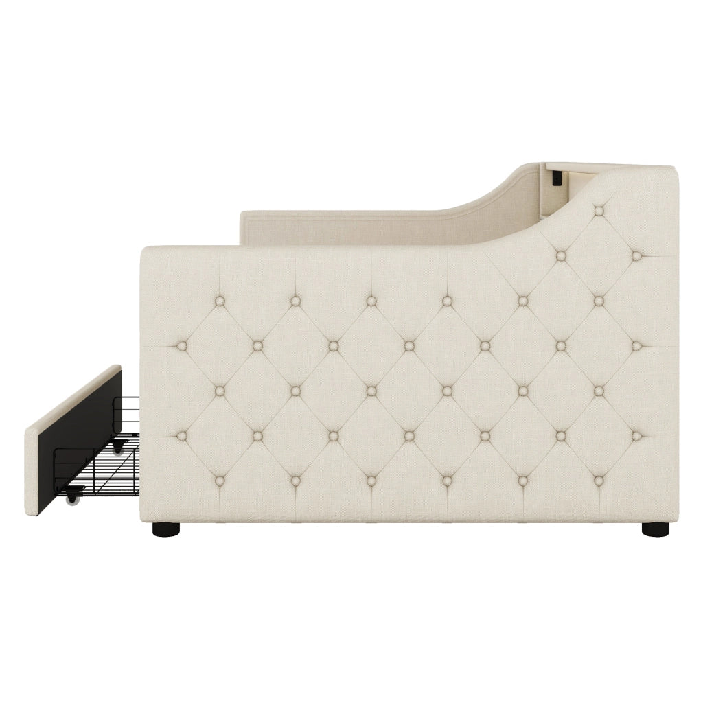 Letto da giorno 90x200 cm beige in lino e MDF con LED, USB e 2 cassetti