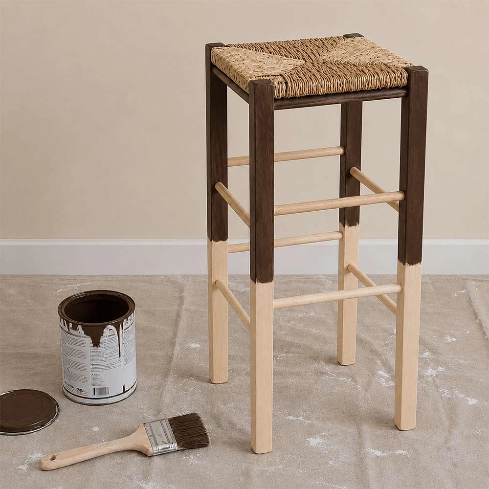 Sgabello bar h 73 cm in legno grezzo da dipingere seduta quadrata in paglia