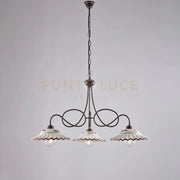 Lampadario in ferro laccato nero e decorazione effetto ruggine con diffusori in ceramica diametro 30 decorato a mano bianco e marrone 3 luci