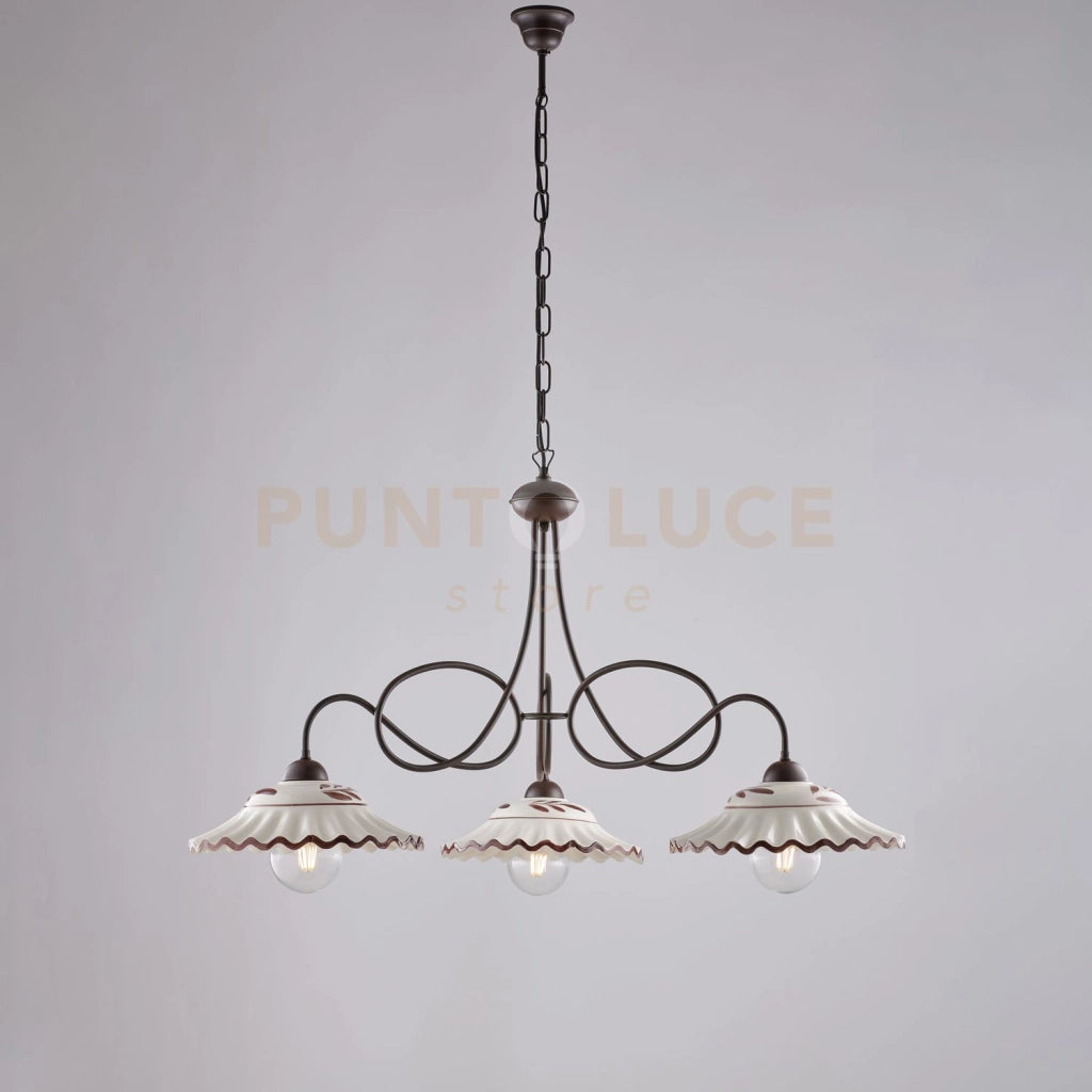 Lampadario in ferro laccato nero e decorazione effetto ruggine con diffusori in ceramica diametro 30 decorato a mano bianco e marrone 3 luci