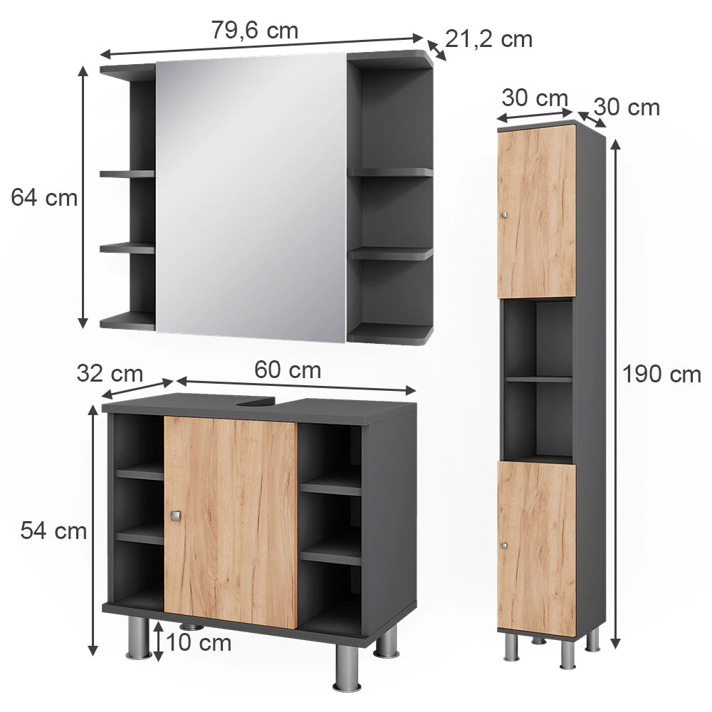 Vicco Set di mobili da bagno Antracite/quercia dorata 3 parti con colonna