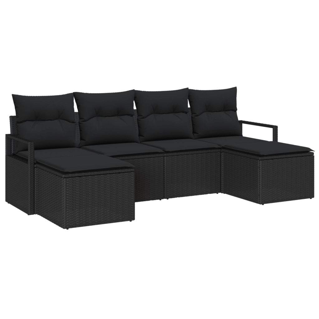 Set Divano da Giardino di 6 Pezzi con Cuscini Nero Polyrattan