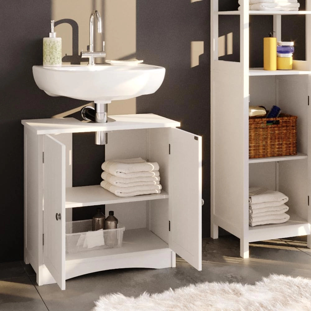 Mobile sottolavabo per bagno Bianco, Bianco, 60 x 60 cm, con ritaglio per sifone e spazio di stoccaggio per l’organizzazione del bagno