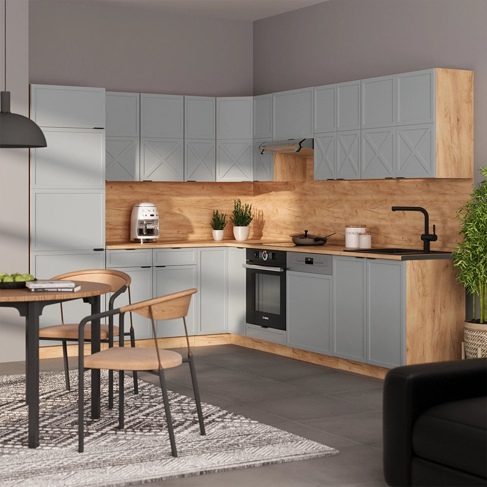 Cucina angolare completa Fame-Line Blu-grigio chiaro/Rovere dorato 227 x 60 cm, PL Marmo Vicco