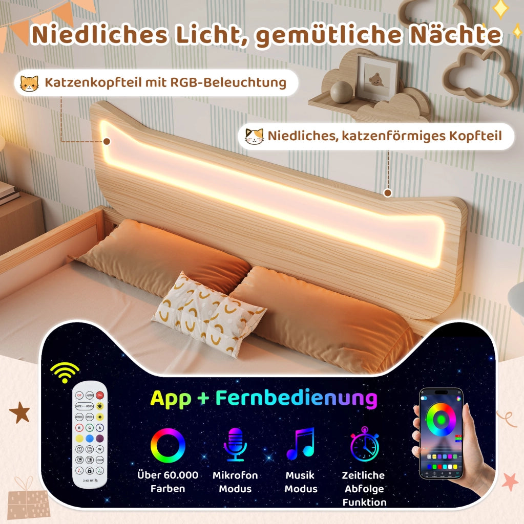 Letto per bambini 90x200 cm con LED RGB, cassetto e vani