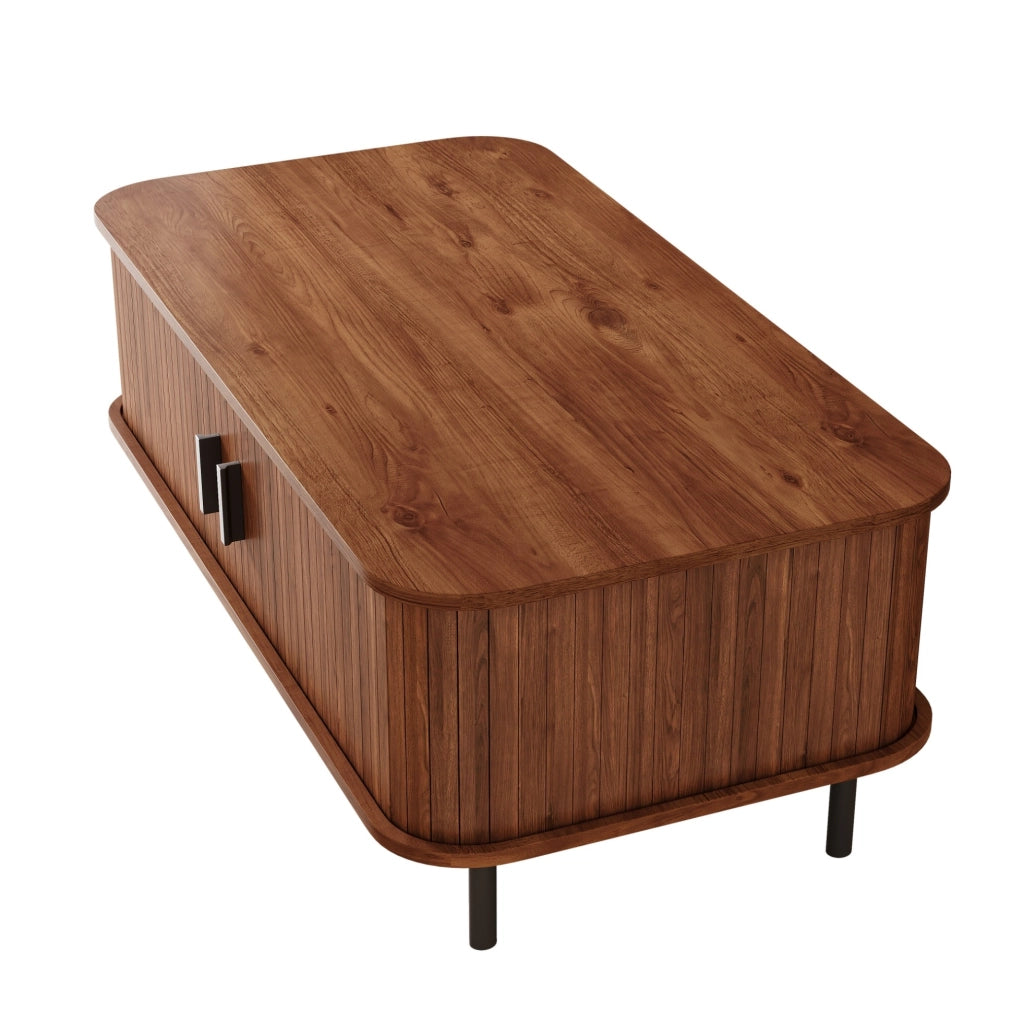Tavolino da salotto 120x55x45 cm con ante scorrevoli; vano contenitore; MDF e pannello truciolare; noce