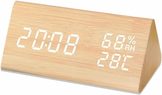 Alarme digitale con display LED, design in legno, visualizzazione data e ora, misurazione temperatura e umidità, 3 impostazioni allarme, 3 livelli di luminosità, compatibile per uso domestico, camera da letto, ufficio e viaggio.