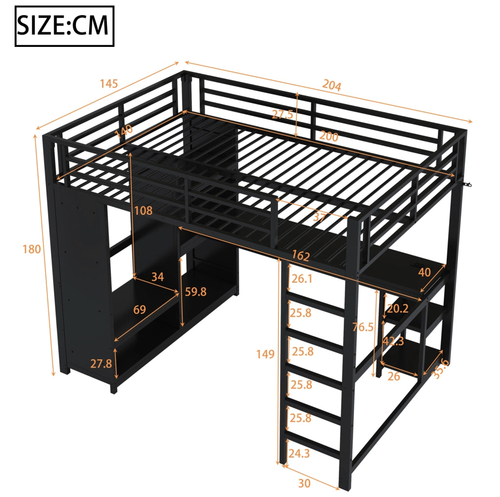 Letto a soppalco 140x200 cm con scrivania; LED e armadio aperto in metallo nero