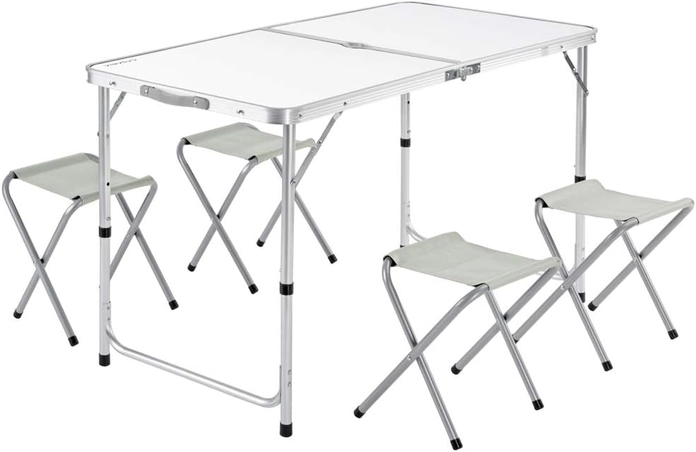 Set Mobili Campeggio Casaria Tavolo Pieghevole 4 Sgabelli Richiudibili Funzione Valigia Trasporto