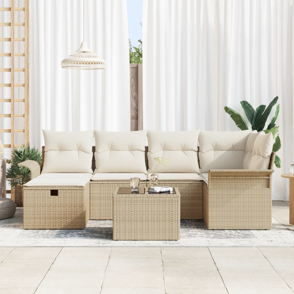 Set Divano da Giardino 7 Pezzi con Cuscini Beige Poly Rattan