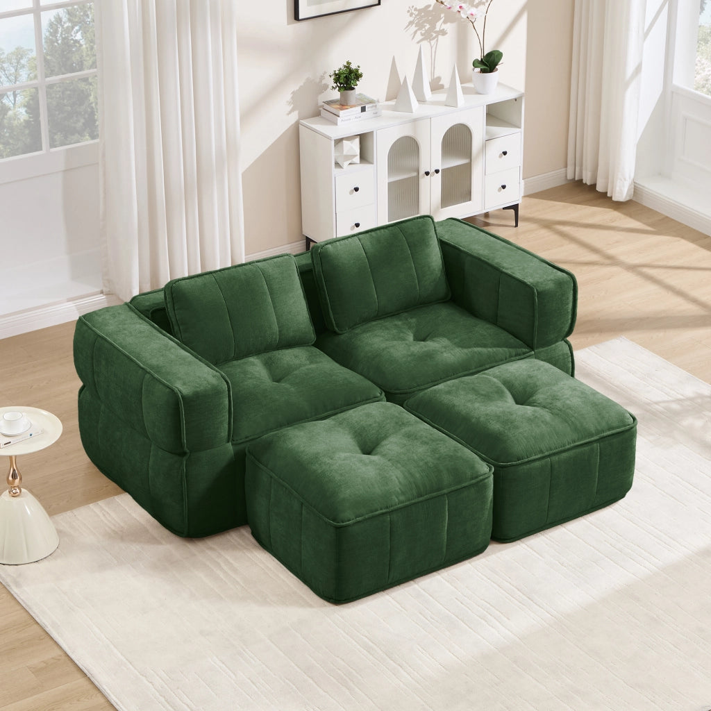 Divano modulare 2 posti con pouf e seduta profonda in poliestere verde