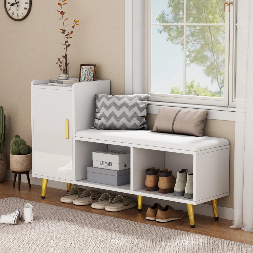 Scarpiera con 1 anta; 3 ripiani regolabili e panca imbottita - per ingresso - 120×35×71.5 cm - bianco