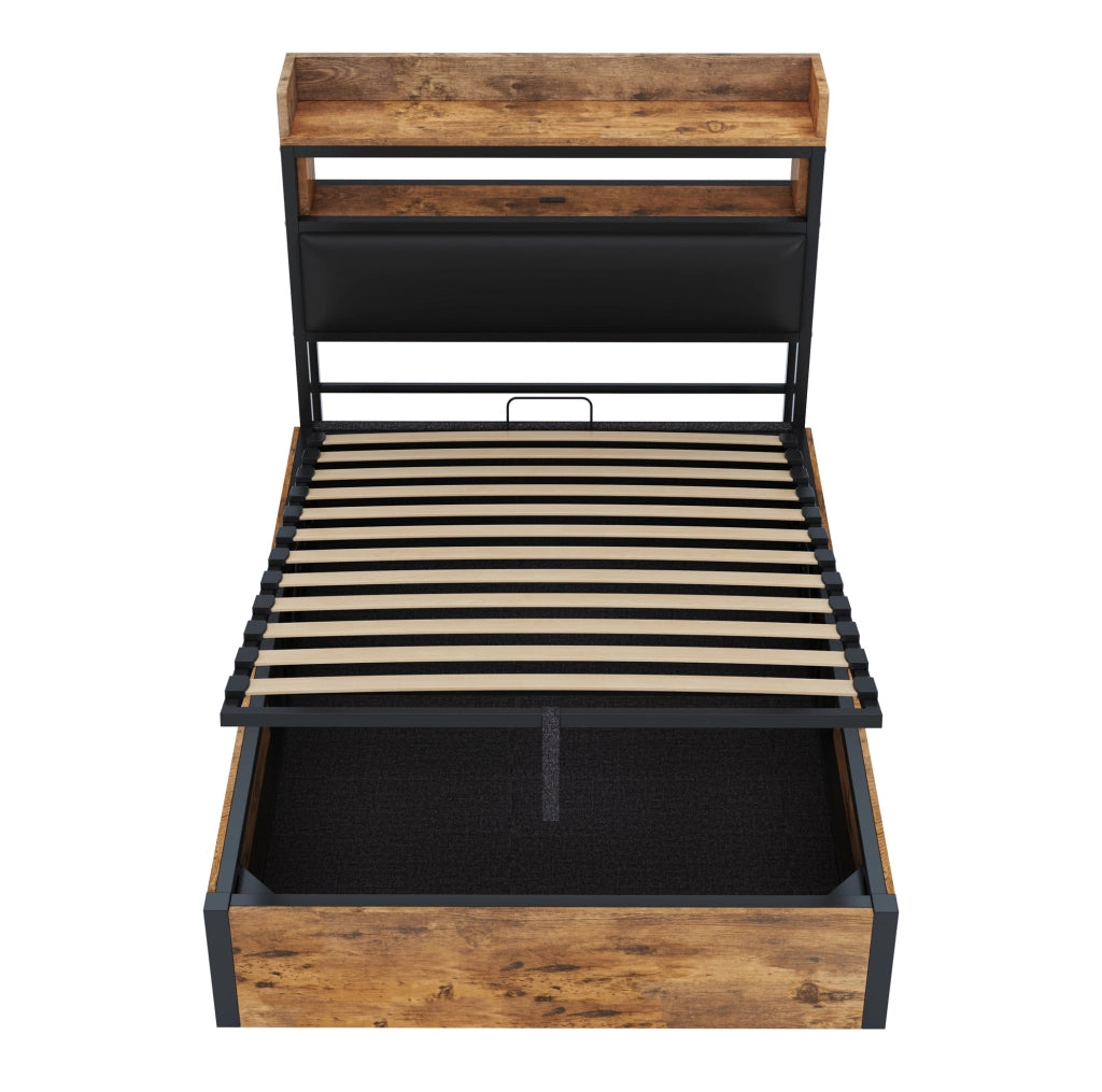Letto singolo 90x200 cm con contenitore idraulico, USB e testiera imbottita nero