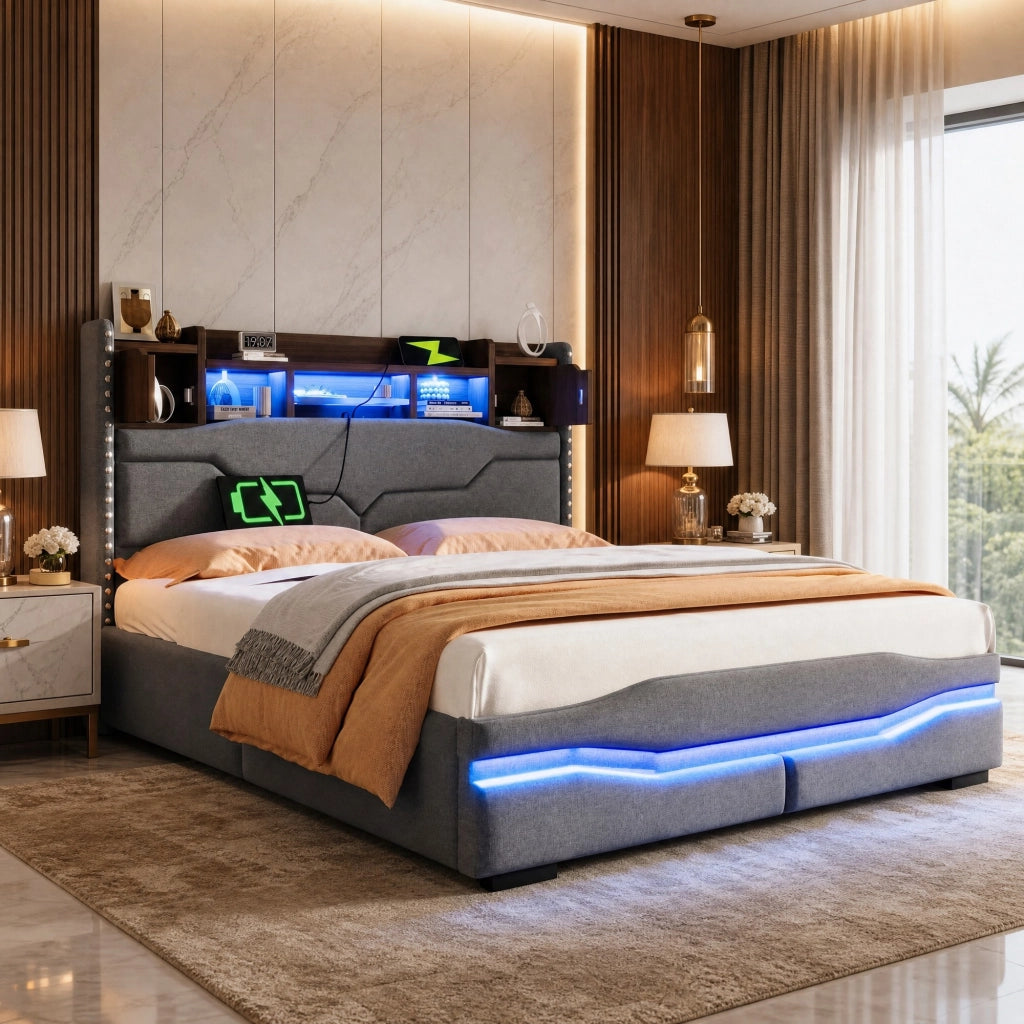 Letto imbottito 140x200 cm con contenitore idraulico, LED e prese USB/Type-C