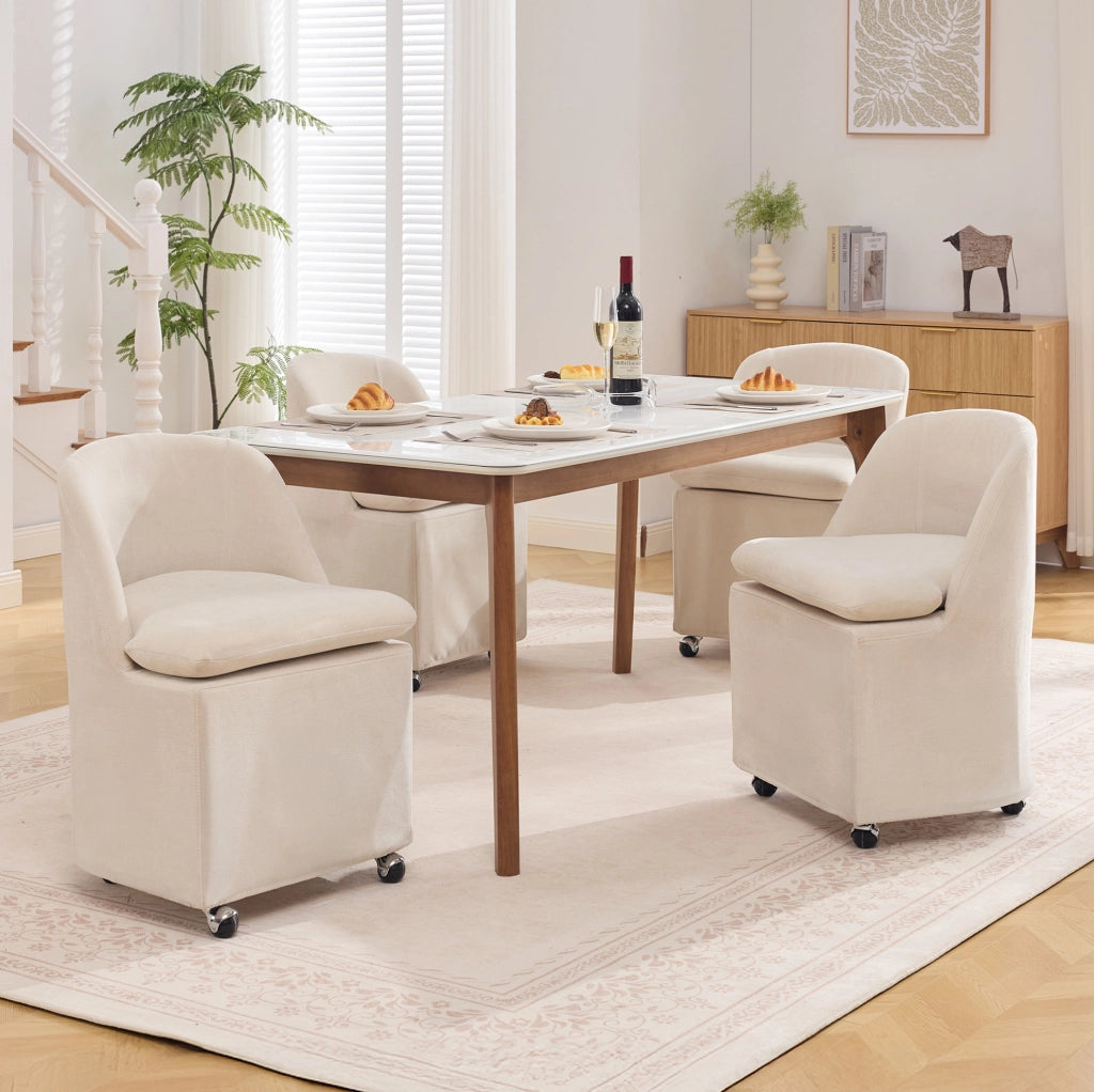 Set di 2 sedie da pranzo in chenille beige con ruote