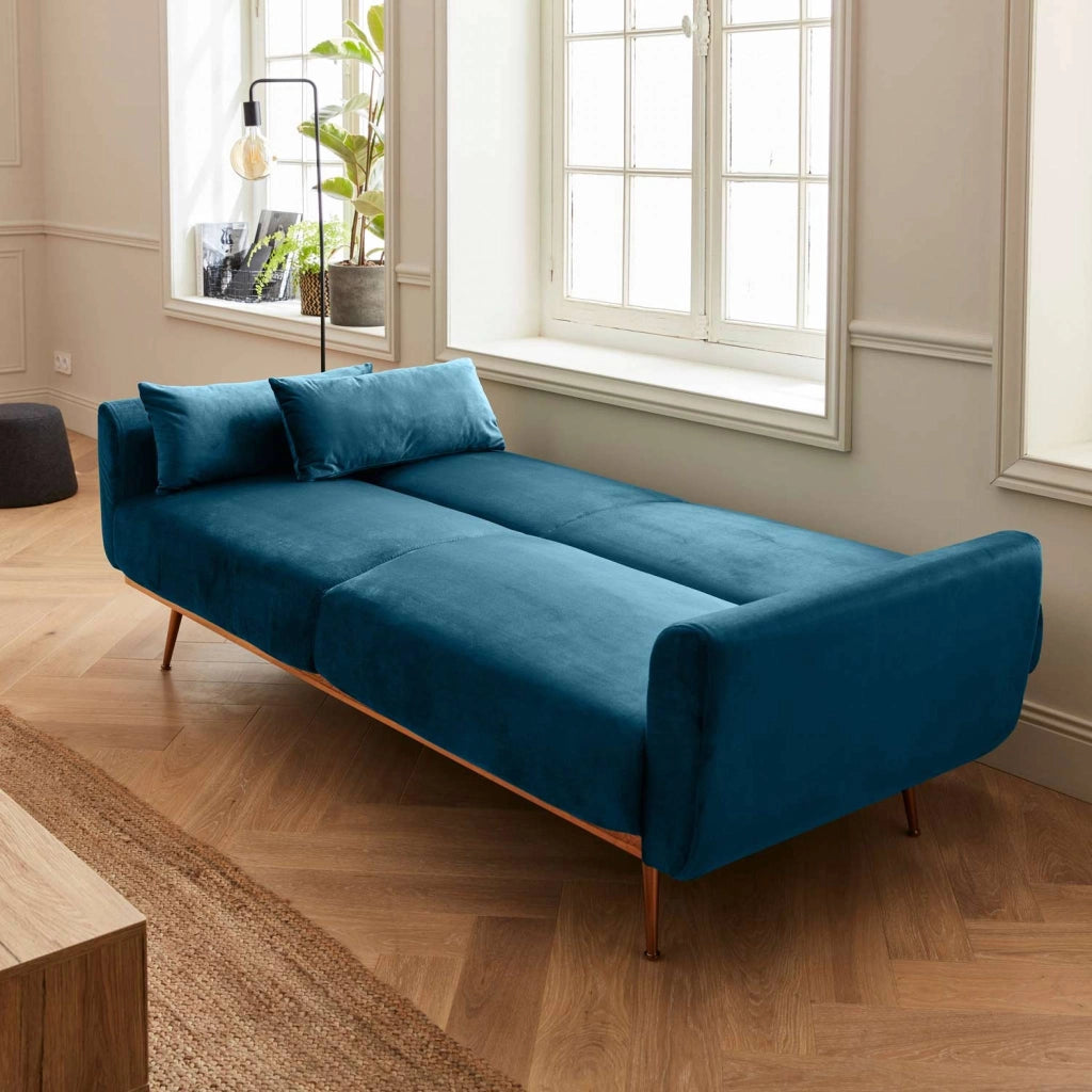 Divano letto reclinabile in velluto, 3 posti, blu