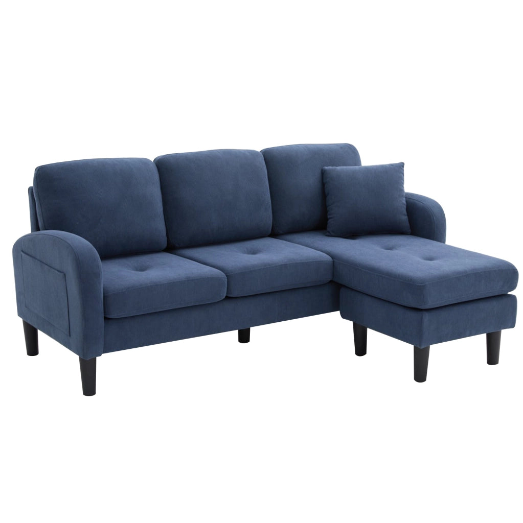 Divano angolare modulare 166x118x77 cm con chaise longue reversibile; in cord; blu