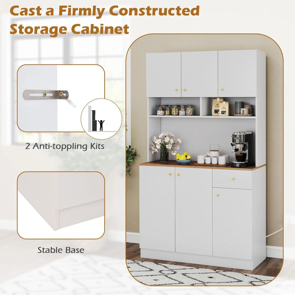 Armadio Alto da Cucina con Prese Elettriche, Supporto per Forno a Microonde e Ripiani Regolabili, Armadio Buffet Autoportante con Ante e Cassetto, Bianco (Bianco)