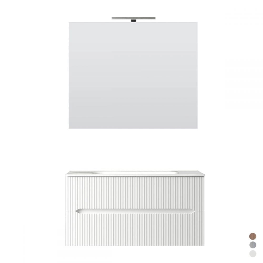 Mobile Bagno Sospeso Completo di Lavabo in Ceramica Specchio Lampada Led Bianco Opaco Cannettato - Misura 70 cm