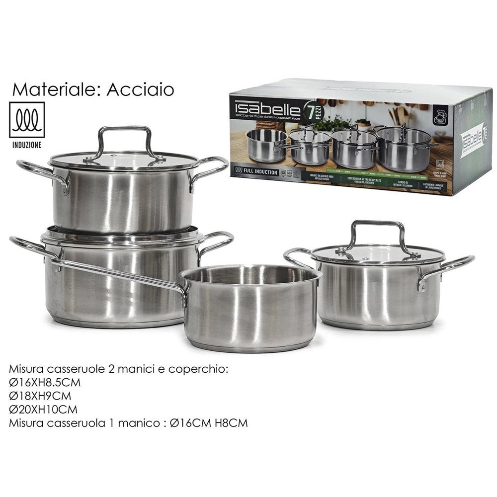 Trade Shop - Set Batteria Di Padelle 7pz In Acciaio Inox Con Fondo Full Induction Coperchi In Vetro -