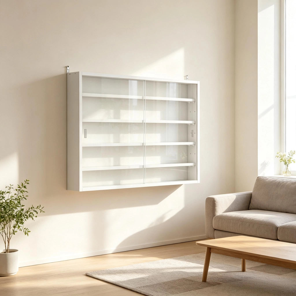 VETRINA da parete 80x9,5x60 cm bianca in vetro e pannello di legno