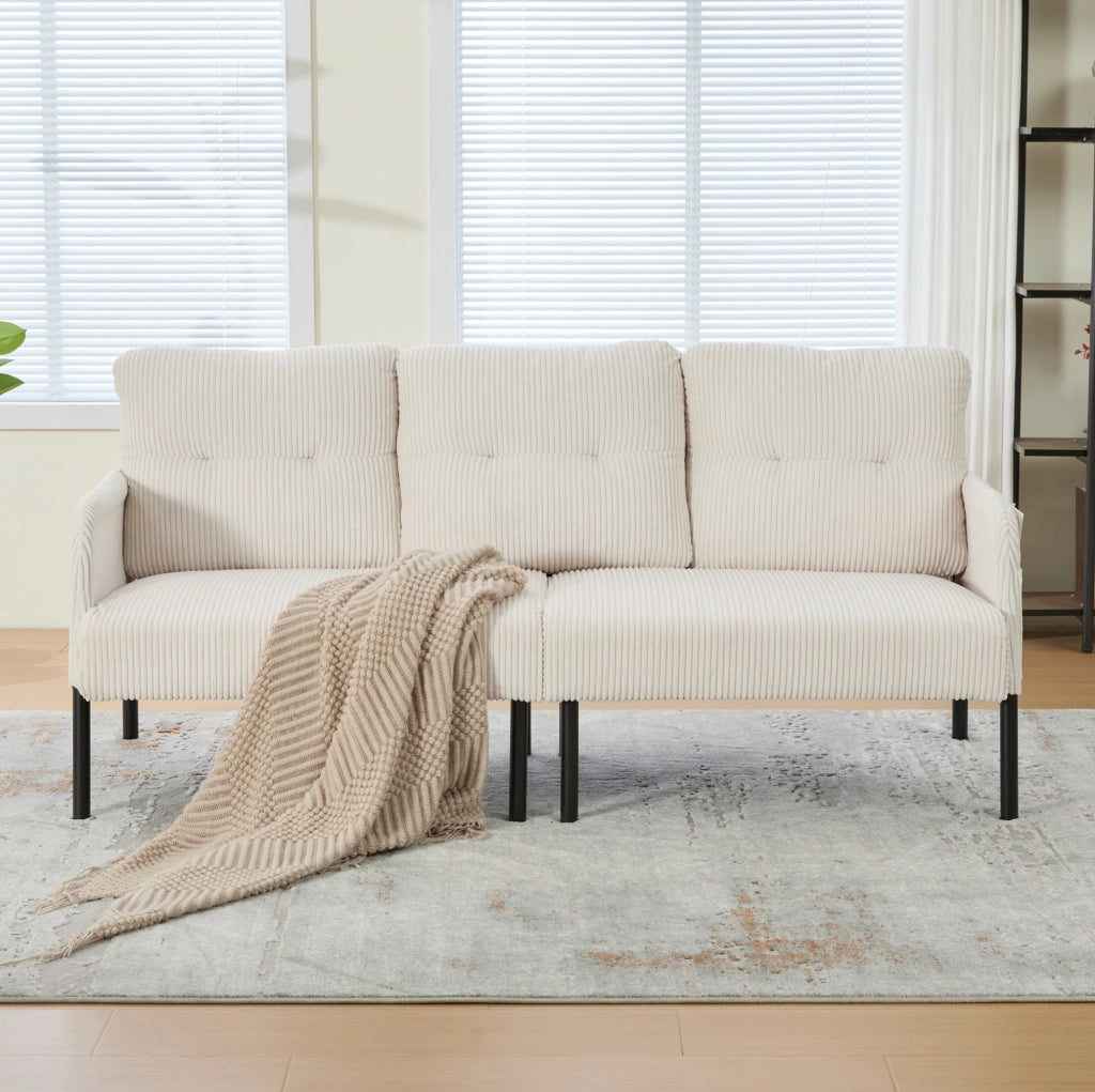 Divano 3 posti in velluto a coste beige con tasca laterale