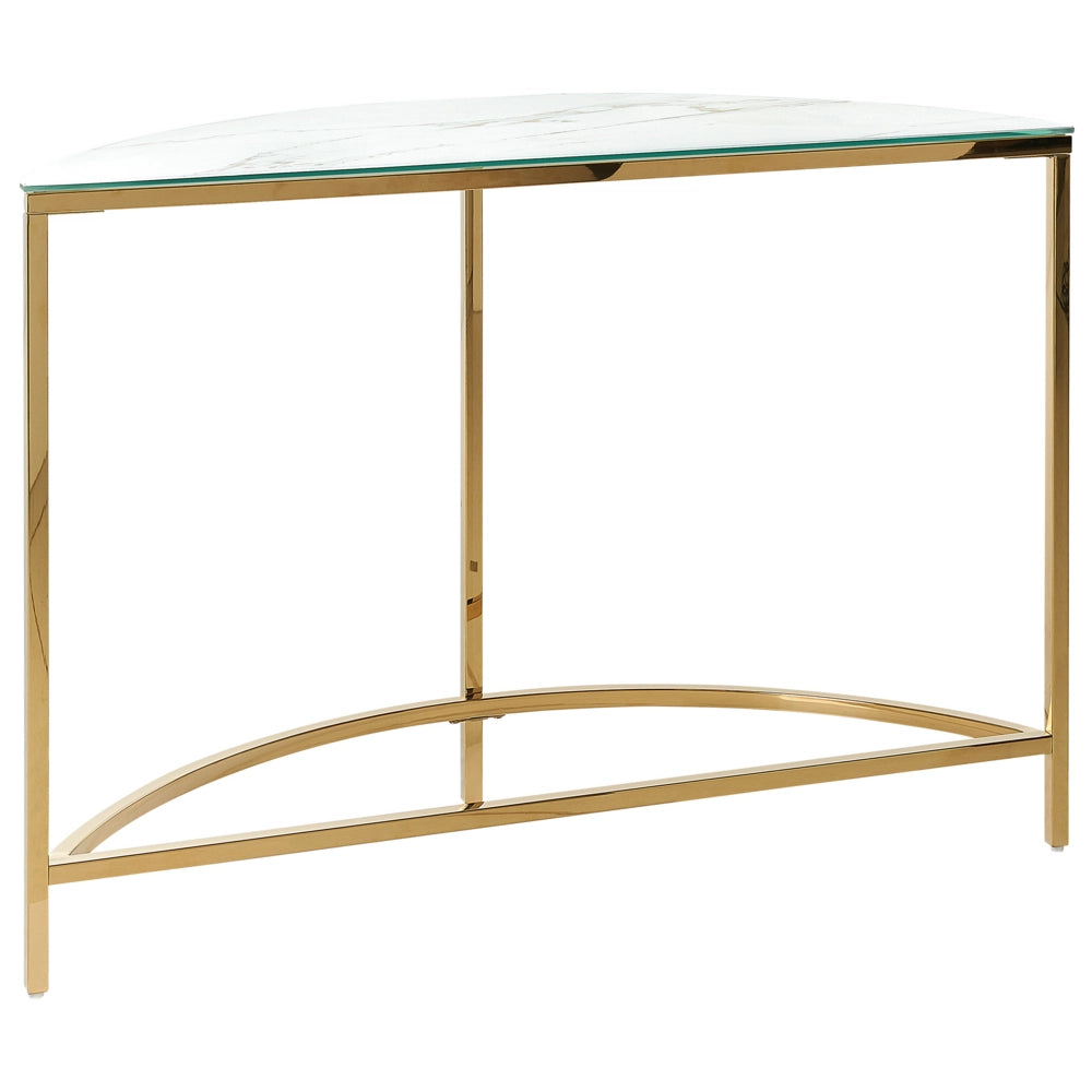 Consolle Bianco con Vetro Temperato dorato Acciaio Inossidabile 111 x 36 cm Mezza Luna Glam Modern Soggiorno Camera da Letto Corridoio