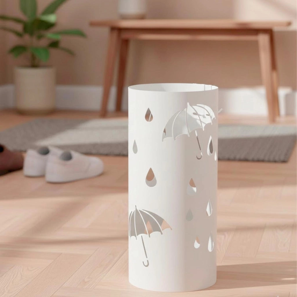 Portaombrelli Rotondo In Acciaio Zincato Design Moderno Con Vaschetta Scolapioggia Base Antiscivolo E 4 Ganci Removibili Per Ingresso Casa E Ufficio 41 X 17 Cm Bianco