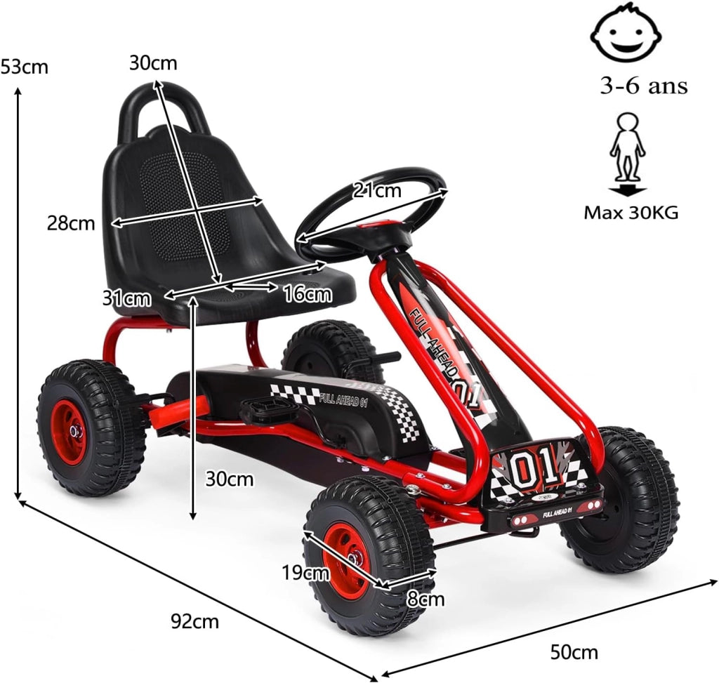 Go Kart a Pedali per Bambini, Macchina per Bambini con Sedili Regolabili in 2 Posizioni e 4 Ruote Antisdrucciolo, Carico 30 kg, per 3 Anni + (Rosso, 92 x 50 x 53 cm)