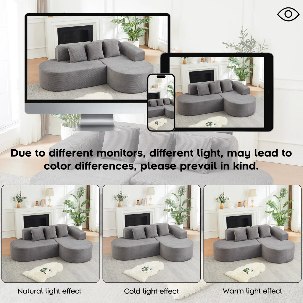 Divano ad angolo modulare in velluto a coste con schienale curvo e braccioli curvi grigio 220 × 155 × 70 cm
