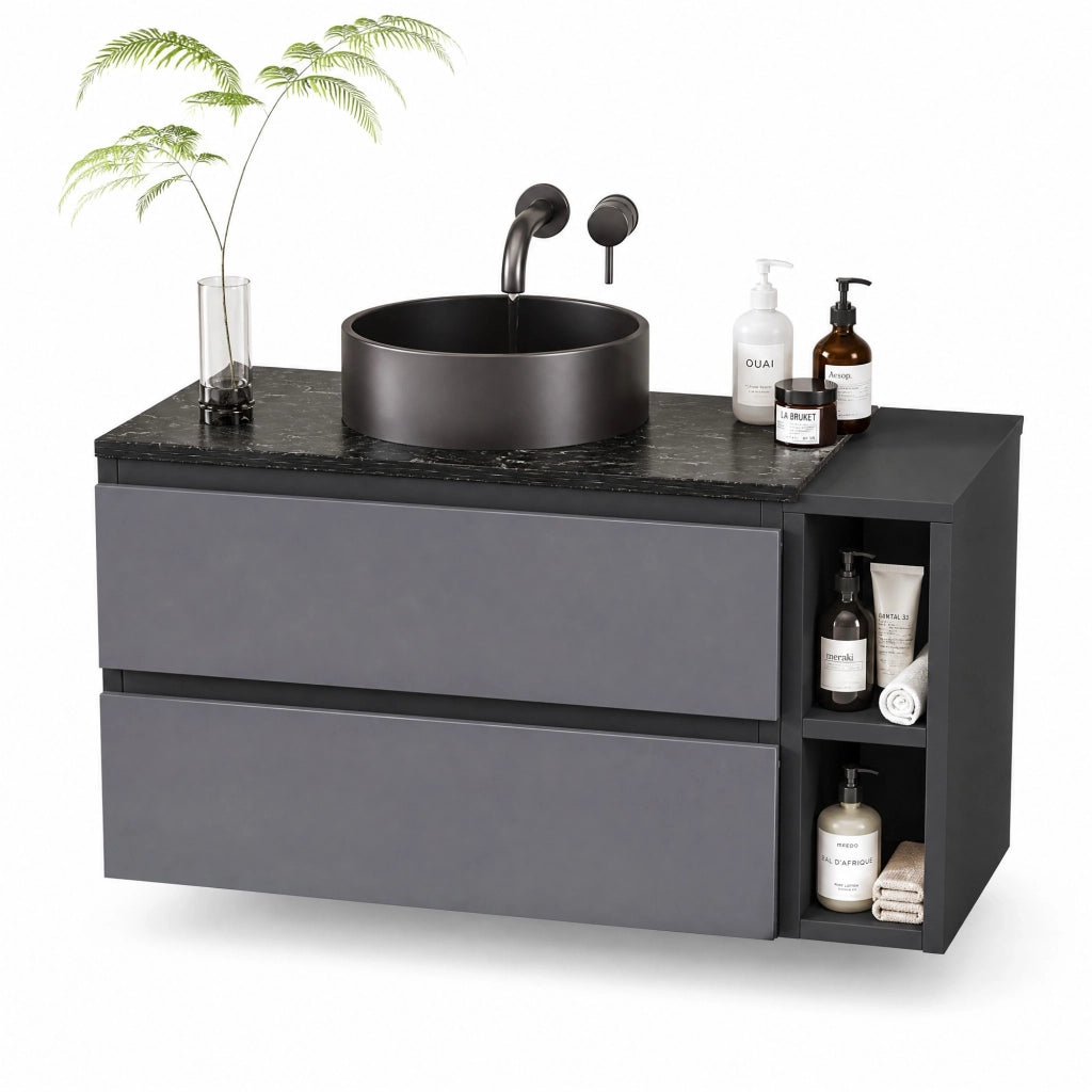 Mobile bagno con lavabo rotondo in ceramica e piano in marmo; nero e grigio