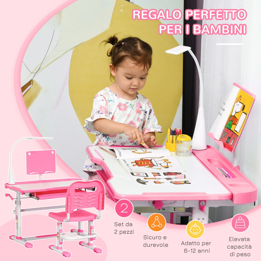 Set Scrivania per Bambini 6-12 Anni con Sedia Regolabile in Altezza, Cassetto, Luce e Piano Inclinabile, Rosa