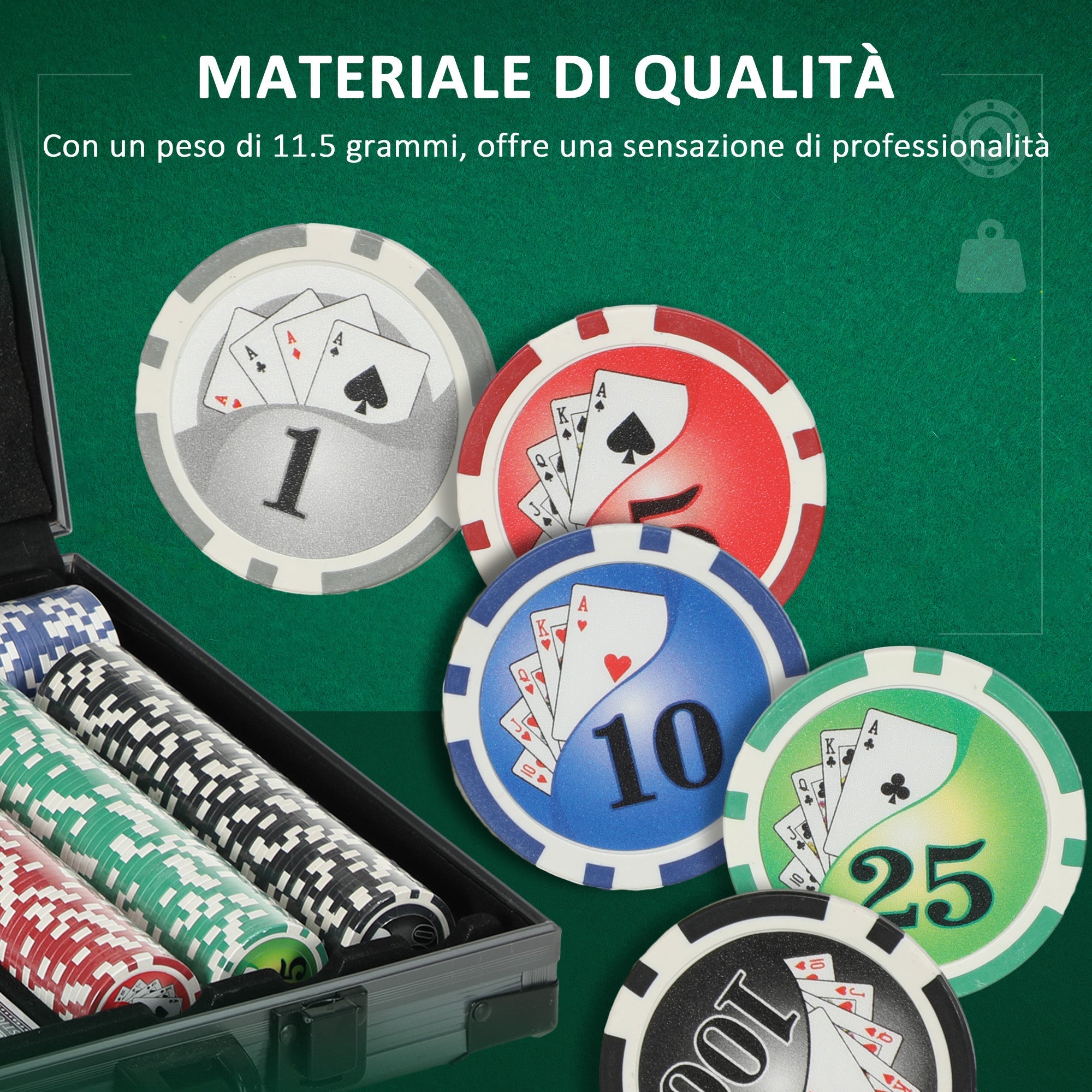 Set 400 Fiches da Poker 2 Mazzi di Carte 5 Dadi Tappetino e Valigetta Grigia