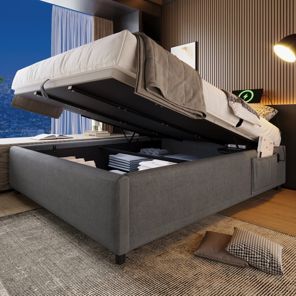 Letto contenitore 140x200 cm con USB e Type-C, struttura in legno massello, grigio