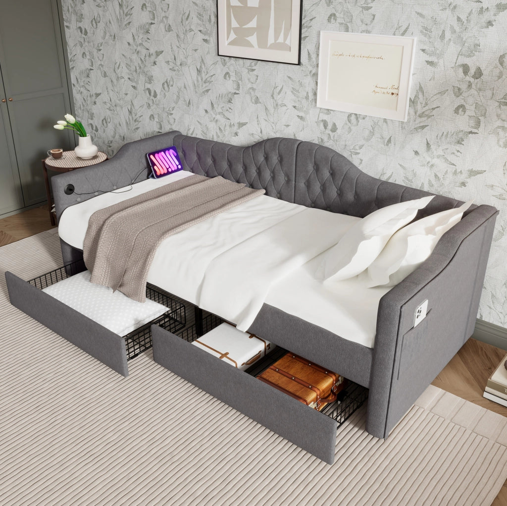 Letto singolo 90x190 cm con USB C e 2 cassetti; tessuto grigio