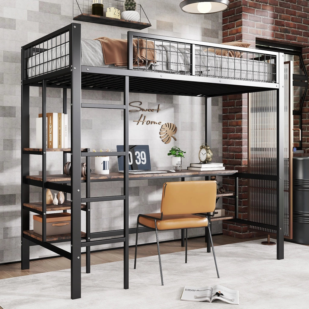Letto a Soppalco 90 x 200 cm - Scrivania; Mensole e Scala a 4 Gradini - Nero