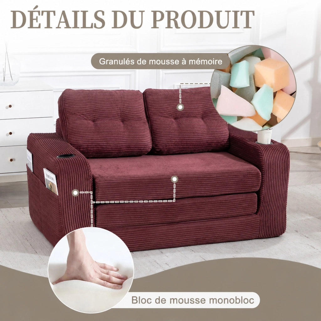 Divano modulare a 2 posti in velluto a coste con portabicchieri e tasche laterali, con cuscini, rosso vino 136 × 80 × 82,5 cm