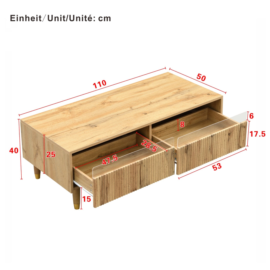 OKWISH Tavolino da Salotto Moderno con 2 Cassetti, LED Multicolore, Frontali Ondulati, per Soggiorno, MDF, Legno, 110 × 50 × 40 cm