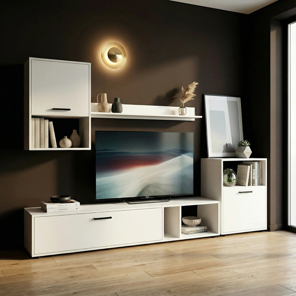 Mobili  soggiorno RENA - 3 Armadietti - Bianco - Maniglie nere - Larghezza 210 cm, Altezza 190 cm, Profondit? 36 cm